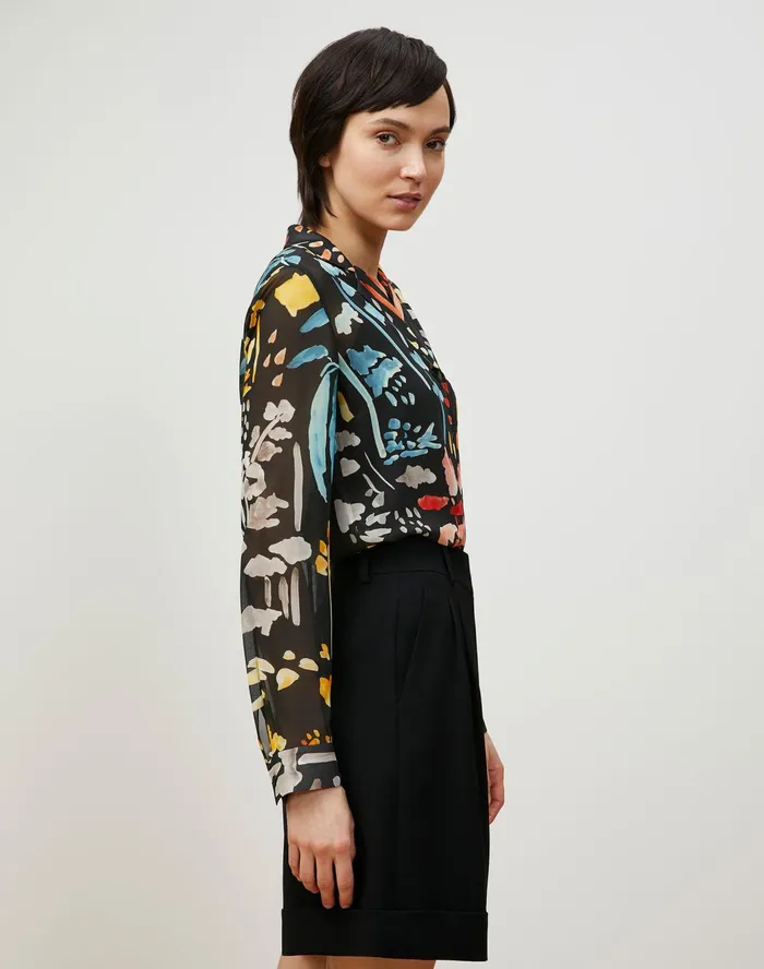 Women Lafayette 148 New York Blouses and Shirts Petite Rigby Blouse In Blooming Eden Print Silk Black Multi