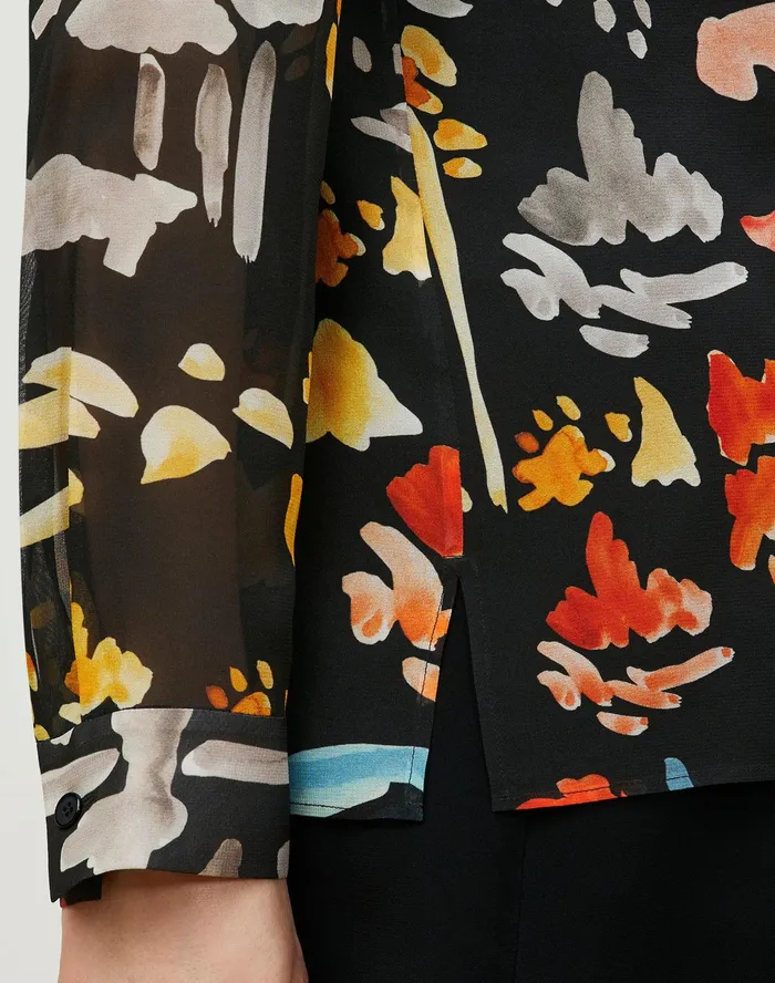 Women Lafayette 148 New York Blouses and Shirts Petite Rigby Blouse In Blooming Eden Print Silk Black Multi