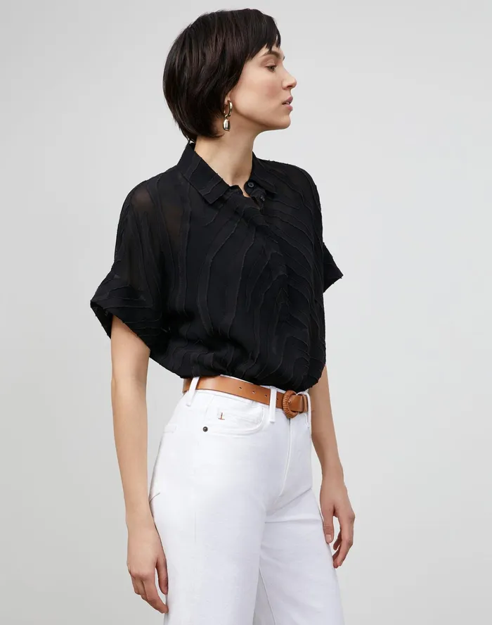 Women Lafayette 148 New York Blouses and Shirts PlusSize Mavis Blouse In Refined Italian Zevron Jacquard Black