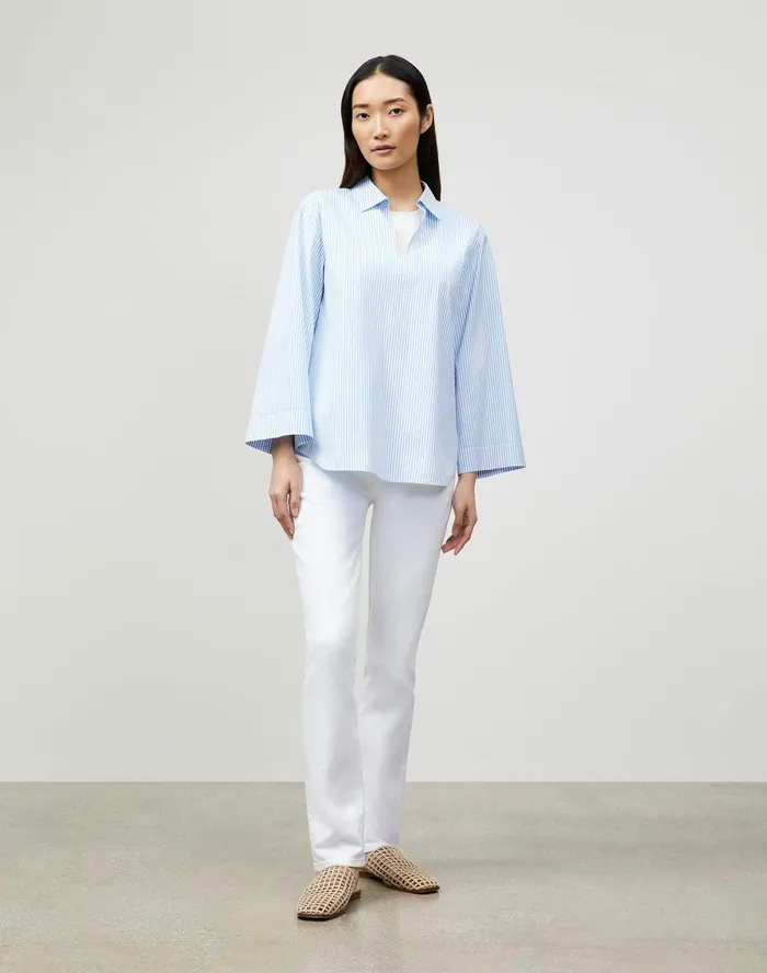 Women Lafayette 148 New York Blouses and Shirts PlusSize Pelham Shirt In KindCotton Courtland Stripe Fresh Blue Multi