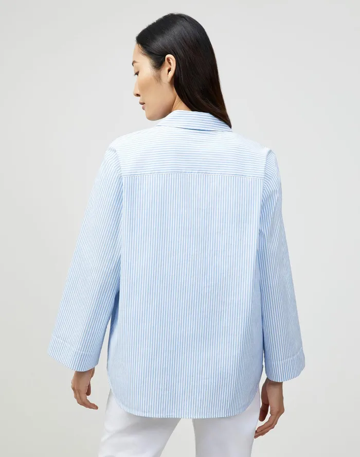 Women Lafayette 148 New York Blouses and Shirts PlusSize Pelham Shirt In KindCotton Courtland Stripe Fresh Blue Multi