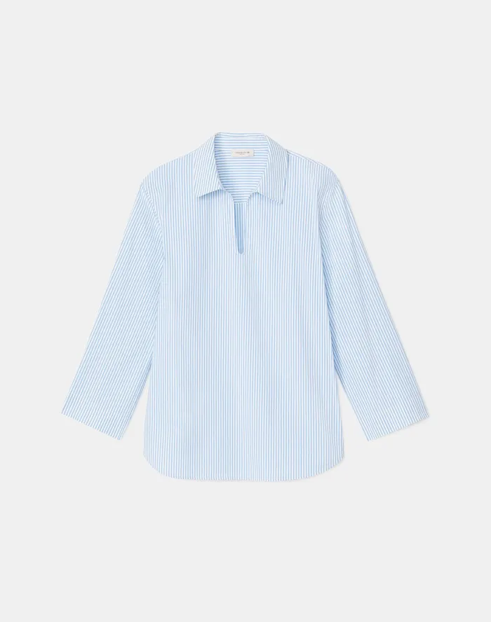 Women Lafayette 148 New York Blouses and Shirts PlusSize Pelham Shirt In KindCotton Courtland Stripe Fresh Blue Multi