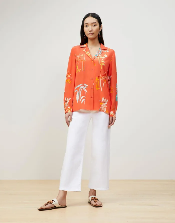 Women Lafayette 148 New York Blouses and Shirts Rigby Blouse In Oasis Print Silk Vibrant Persimmon Multi