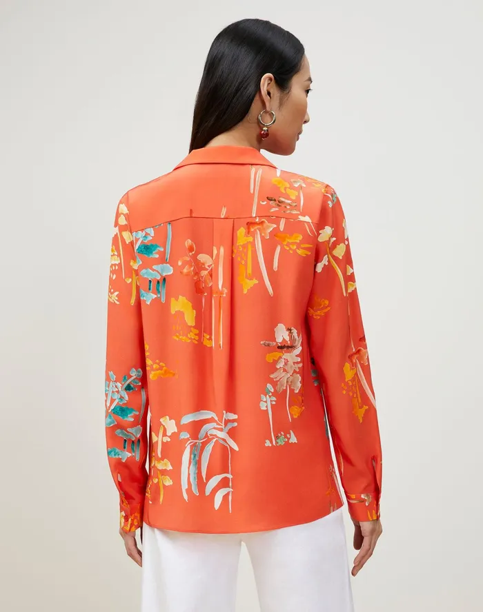Women Lafayette 148 New York Blouses and Shirts Rigby Blouse In Oasis Print Silk Vibrant Persimmon Multi