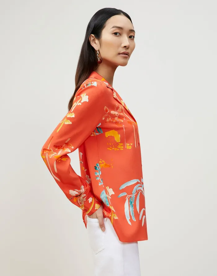 Women Lafayette 148 New York Blouses and Shirts Rigby Blouse In Oasis Print Silk Vibrant Persimmon Multi