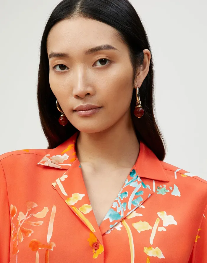 Women Lafayette 148 New York Blouses and Shirts Rigby Blouse In Oasis Print Silk Vibrant Persimmon Multi