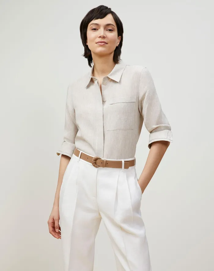 Women Lafayette 148 New York Blouses and Shirts Ruxton Shirt In Illustrious Linen Pumice Melange Women Lafayette 148 New York Blouses and Shirts Ruxton Shirt In Illustrious Linen Pumice Melange