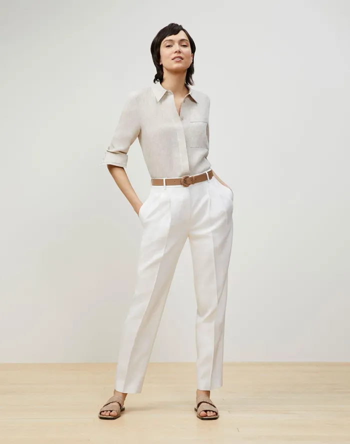 Women Lafayette 148 New York Blouses and Shirts Ruxton Shirt In Illustrious Linen Pumice Melange
