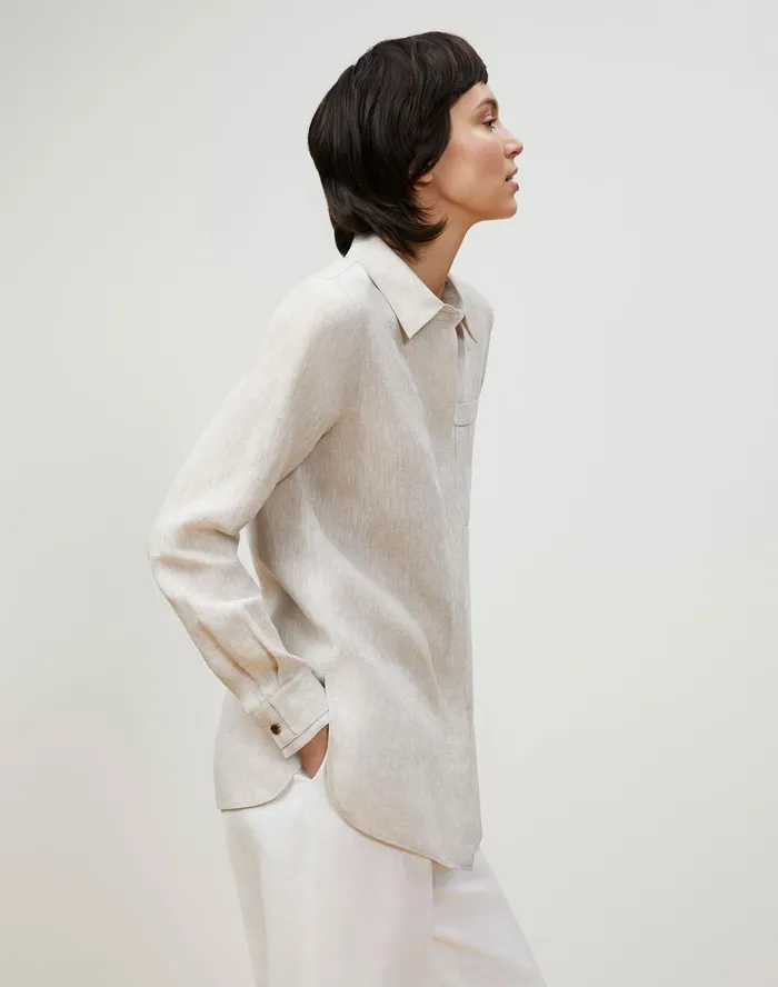 Women Lafayette 148 New York Blouses and Shirts Ruxton Shirt In Illustrious Linen Pumice Melange