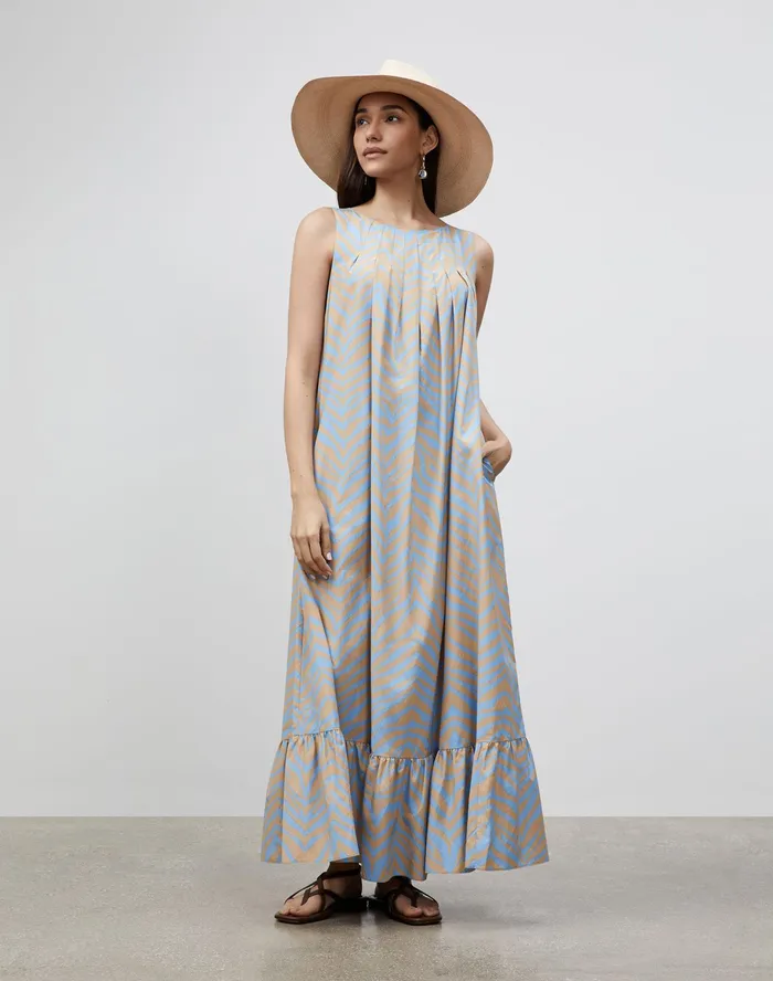 Women Lafayette 148 New York Dresses Halle Dress In Zevron Print Habotai Fresh Blue Multi Women Lafayette 148 New York Dresses Halle Dress In Zevron Print Habotai Fresh Blue Multi