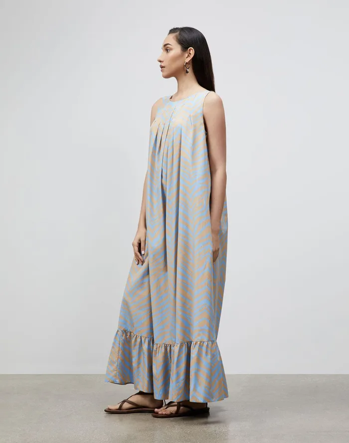 Women Lafayette 148 New York Dresses Halle Dress In Zevron Print Habotai Fresh Blue Multi