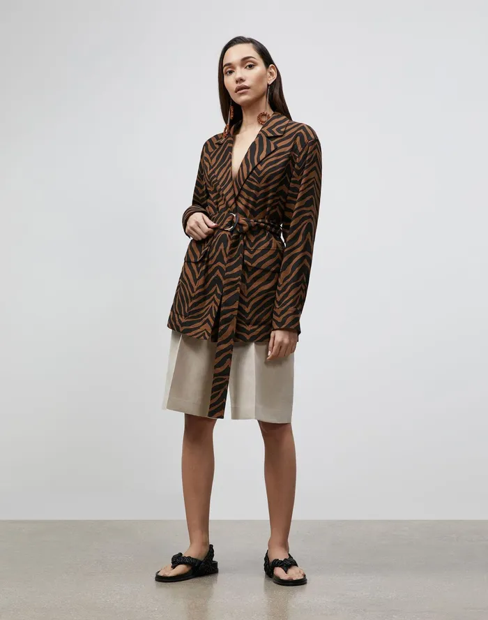 Women Lafayette 148 New York Jackets and Blazers Valeria Jacket In Zevron Print Granular Weave Mahogany Multi