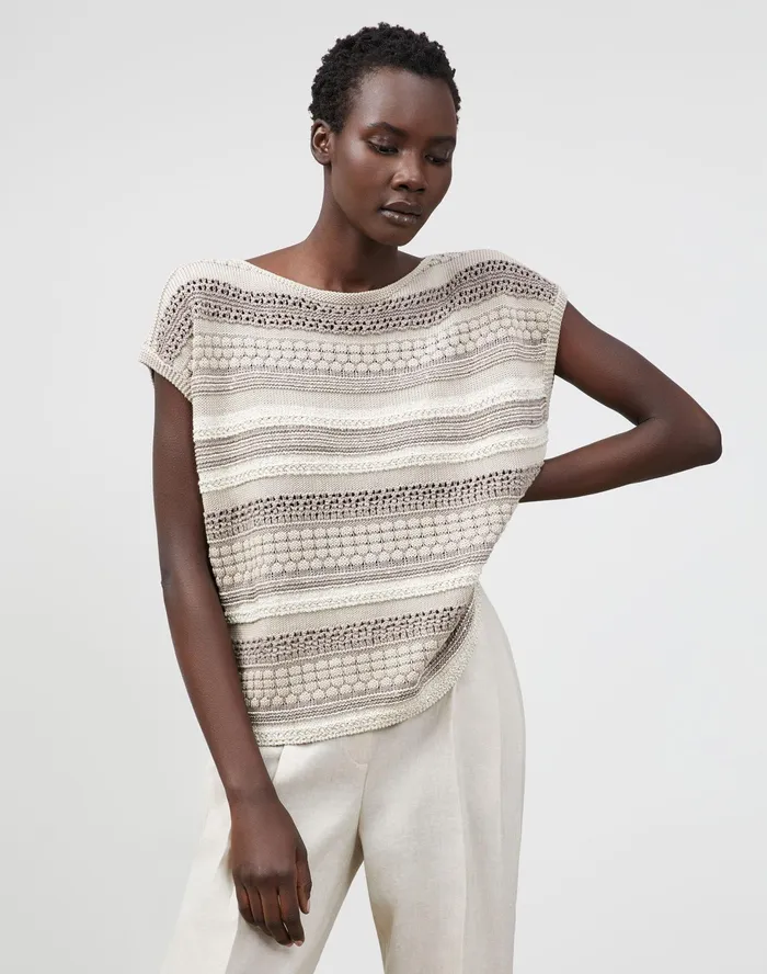 Women Lafayette 148 New York Sweaters Cotton Silk Tape Mixed Stitch Bateau Neck Sweater Smoked Taupe Multi Women Lafayette 148 New York Sweaters Cotton Silk Tape Mixed Stitch Bateau Neck Sweater Smoked Taupe Multi