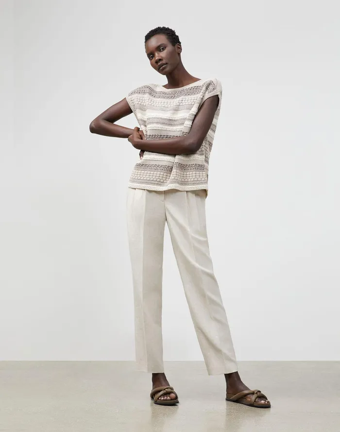Women Lafayette 148 New York Sweaters Cotton Silk Tape Mixed Stitch Bateau Neck Sweater Smoked Taupe Multi