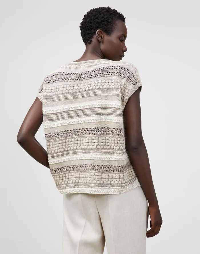 Women Lafayette 148 New York Sweaters Cotton Silk Tape Mixed Stitch Bateau Neck Sweater Smoked Taupe Multi