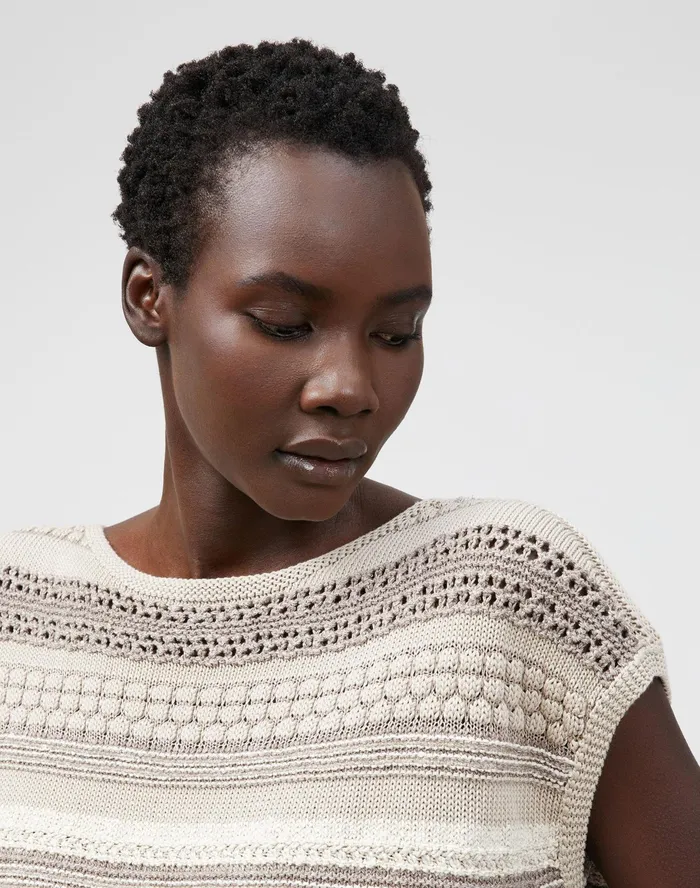 Women Lafayette 148 New York Sweaters Cotton Silk Tape Mixed Stitch Bateau Neck Sweater Smoked Taupe Multi