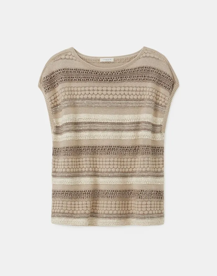 Women Lafayette 148 New York Sweaters Cotton Silk Tape Mixed Stitch Bateau Neck Sweater Smoked Taupe Multi