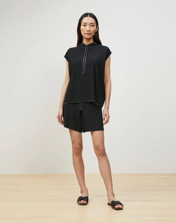 Women Lafayette 148 New York Sweaters Matte Crepe Knit Sleeveless Hoodie Black
