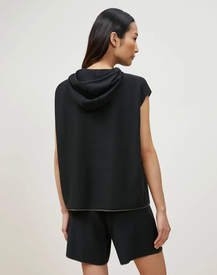 Women Lafayette 148 New York Sweaters Matte Crepe Knit Sleeveless Hoodie Black