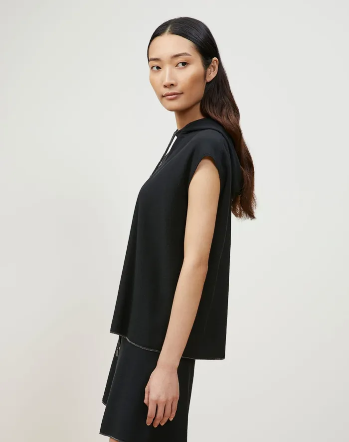 Women Lafayette 148 New York Sweaters Matte Crepe Knit Sleeveless Hoodie Black