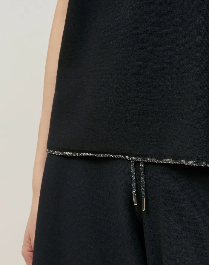Women Lafayette 148 New York Sweaters Matte Crepe Knit Sleeveless Hoodie Black