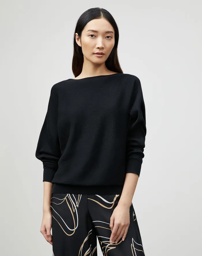 Women Lafayette 148 New York Sweaters Petite Cotton Silk Ribbed Asymmetric Sweater Black Women Lafayette 148 New York Sweaters Petite Cotton Silk Ribbed Asymmetric Sweater Black