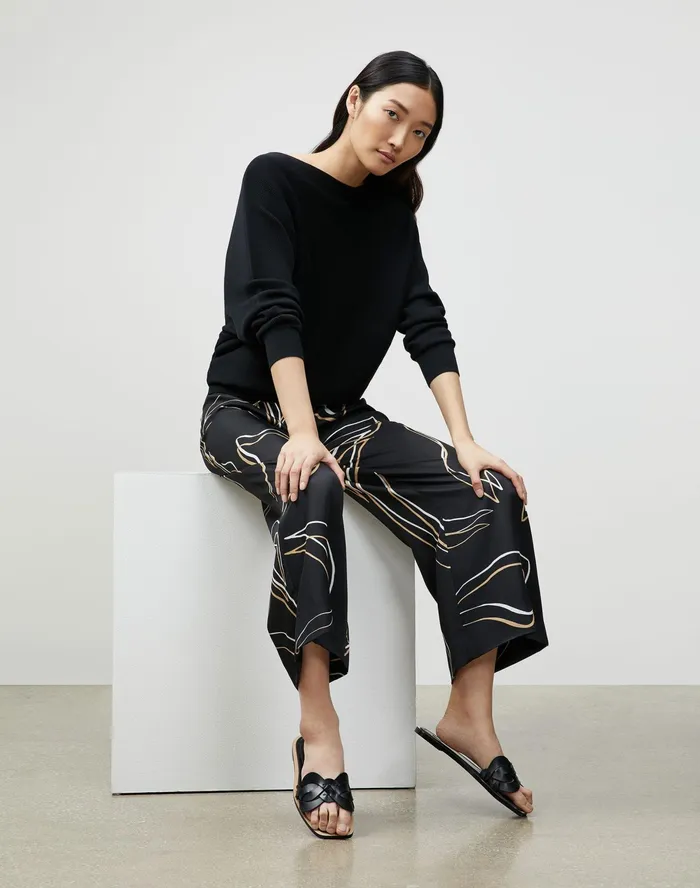 Women Lafayette 148 New York Sweaters Petite Cotton Silk Ribbed Asymmetric Sweater Black