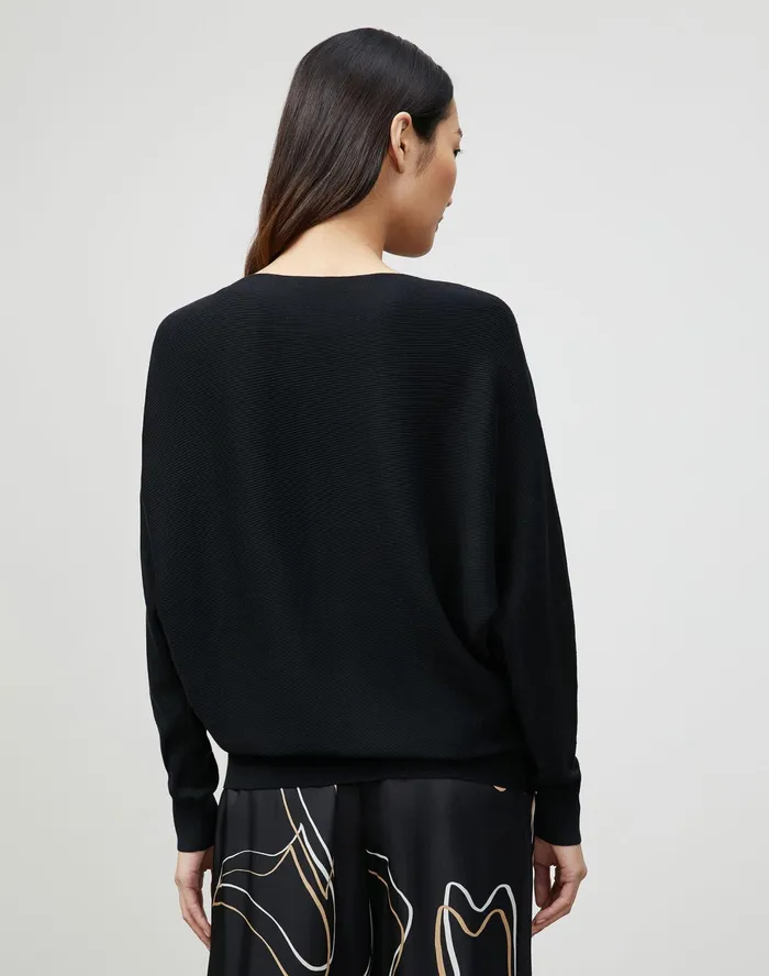 Women Lafayette 148 New York Sweaters Petite Cotton Silk Ribbed Asymmetric Sweater Black