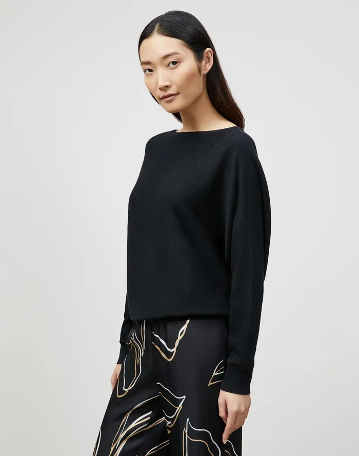 Women Lafayette 148 New York Sweaters Petite Cotton Silk Ribbed Asymmetric Sweater Black