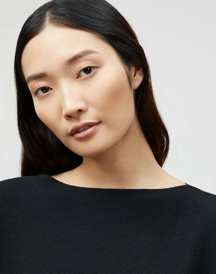 Women Lafayette 148 New York Sweaters Petite Cotton Silk Ribbed Asymmetric Sweater Black