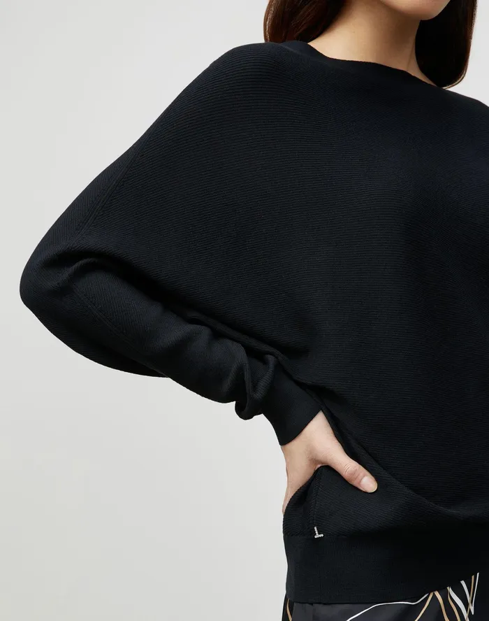 Women Lafayette 148 New York Sweaters Petite Cotton Silk Ribbed Asymmetric Sweater Black
