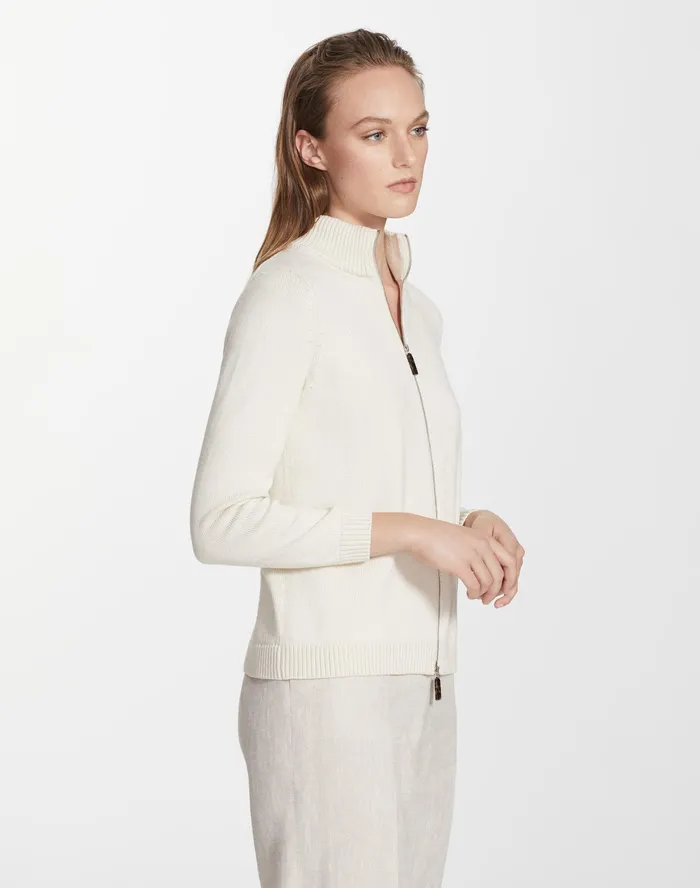 Women Lafayette 148 New York Sweaters PlusSize Cotton Silk Tape Knit Bomber Creme Fraiche