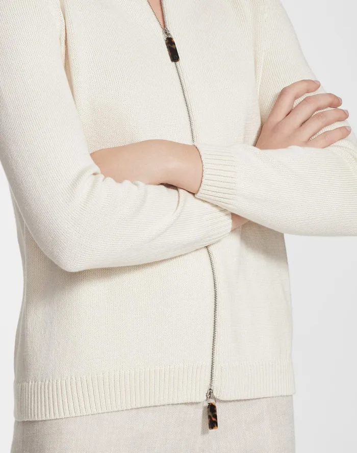 Women Lafayette 148 New York Sweaters PlusSize Cotton Silk Tape Knit Bomber Creme Fraiche