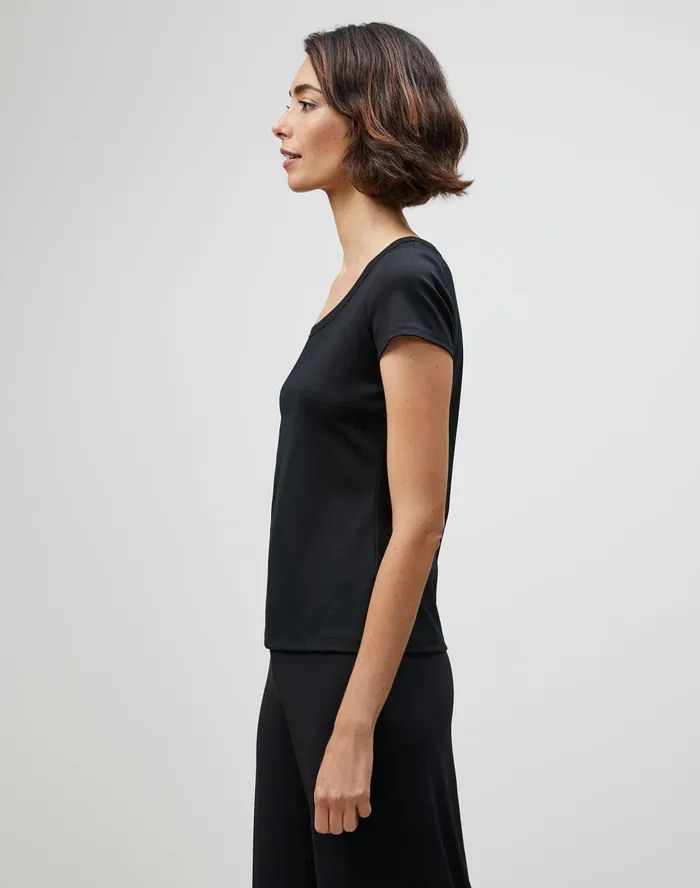 Women Lafayette 148 New York Tops and Tees PlusSize Swiss Cotton Rib Scoop Neck TShirt Black