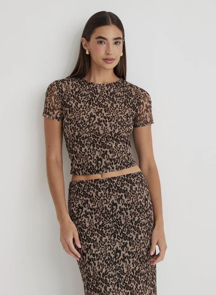 Women Leopard Print Mesh Short Sleeve Top Cher 4th and Reckless Tops