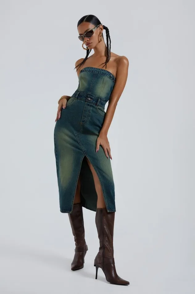 Women Liberty 2 In 1 Detachable Denim Blue Midi Dress Jaded London CoOrds