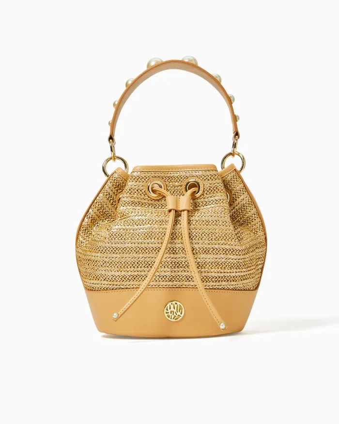 Women Lilly Pulitzer Bags Arly Straw Bucket Bag Gold Metallic