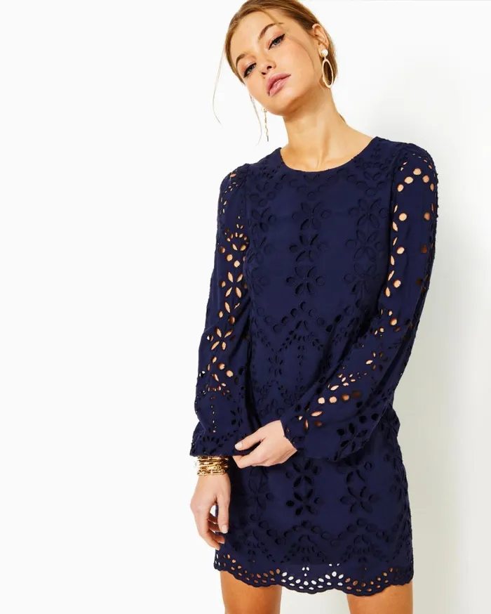 Women Lilly Pulitzer Dresses Alyna Long Sleeve Eyelet Dress True Navy Soiree Eyelet Women Lilly Pulitzer Dresses Alyna Long Sleeve Eyelet Dress True Navy Soiree Eyelet