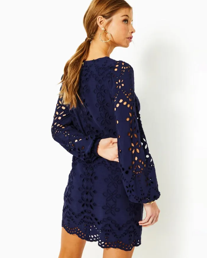 Women Lilly Pulitzer Dresses Alyna Long Sleeve Eyelet Dress True Navy Soiree Eyelet Women Lilly Pulitzer Dresses Alyna Long Sleeve Eyelet Dress True Navy Soiree Eyelet