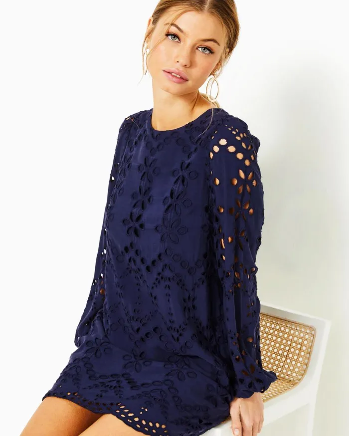Women Lilly Pulitzer Dresses Alyna Long Sleeve Eyelet Dress True Navy Soiree Eyelet Women Lilly Pulitzer Dresses Alyna Long Sleeve Eyelet Dress True Navy Soiree Eyelet