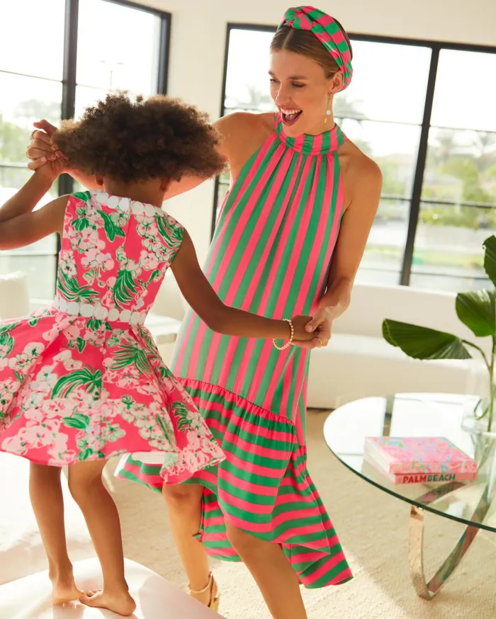 Women Lilly Pulitzer Dresses Steph Halter Midi Dress Roxie Pink X Spearmint Wide Stripe Women Lilly Pulitzer Dresses Steph Halter Midi Dress Roxie Pink X Spearmint Wide Stripe