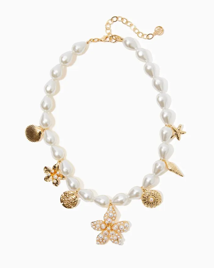 Women Lilly Pulitzer Jewelry Pearl Perfect Charm Necklace Gold Metallic