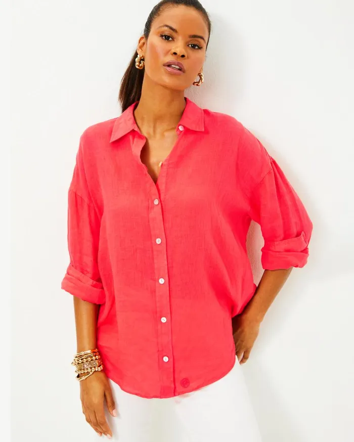 Women Lilly Pulitzer Tops Stevey Relaxed Button Down Linen Shirt Mizner Red