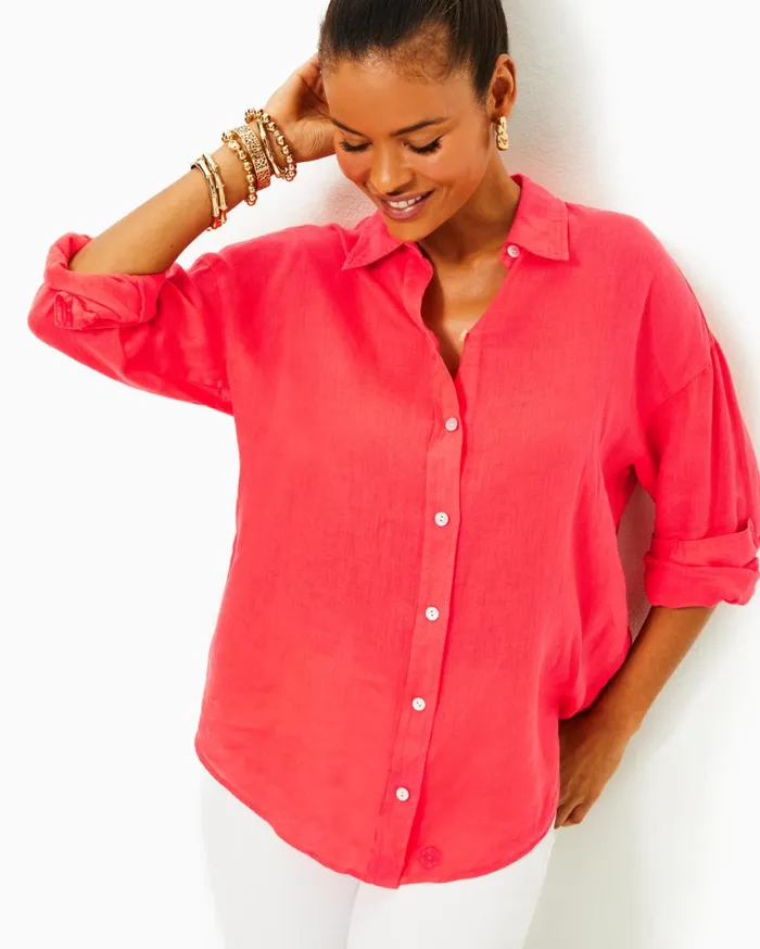 Women Lilly Pulitzer Tops Stevey Relaxed Button Down Linen Shirt Mizner Red Women Lilly Pulitzer Tops Stevey Relaxed Button Down Linen Shirt Mizner Red