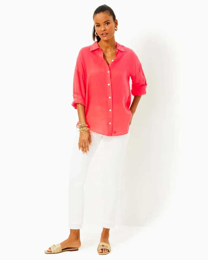 Women Lilly Pulitzer Tops Stevey Relaxed Button Down Linen Shirt Mizner Red Women Lilly Pulitzer Tops Stevey Relaxed Button Down Linen Shirt Mizner Red