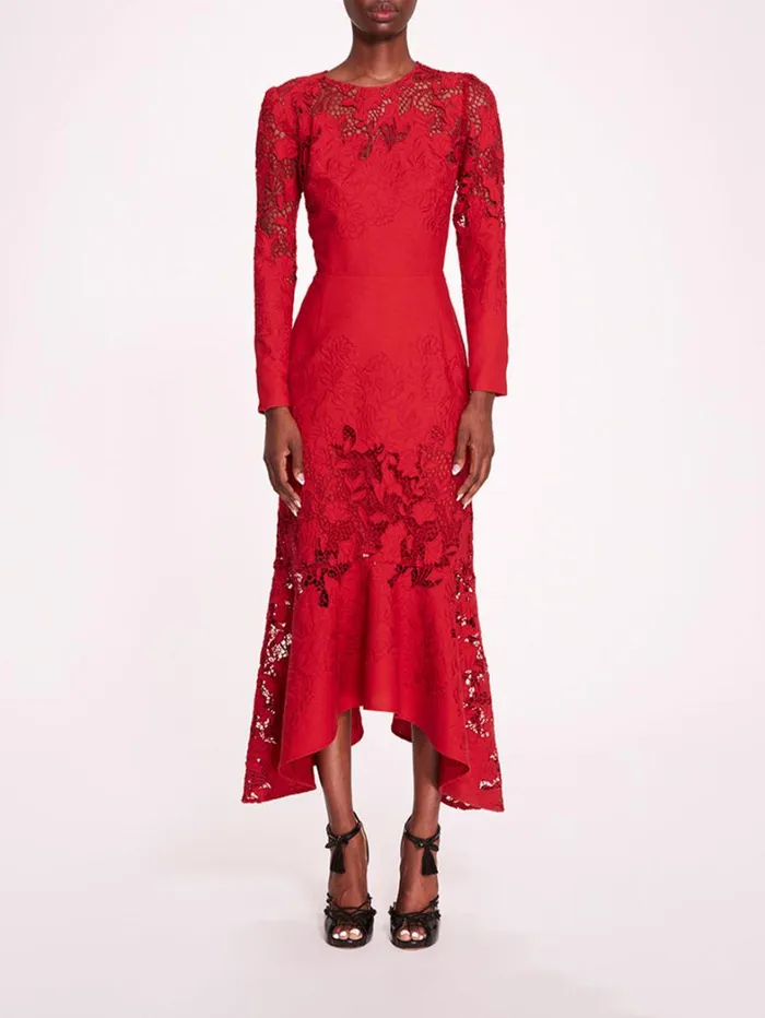 Women Marchesa Dresses Linen Lace Maxi Dress Red