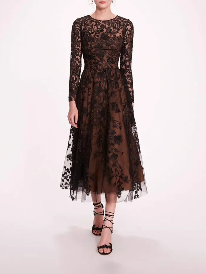 Women Marchesa Dresses Long Sleeve Tulle Midi Dress Black