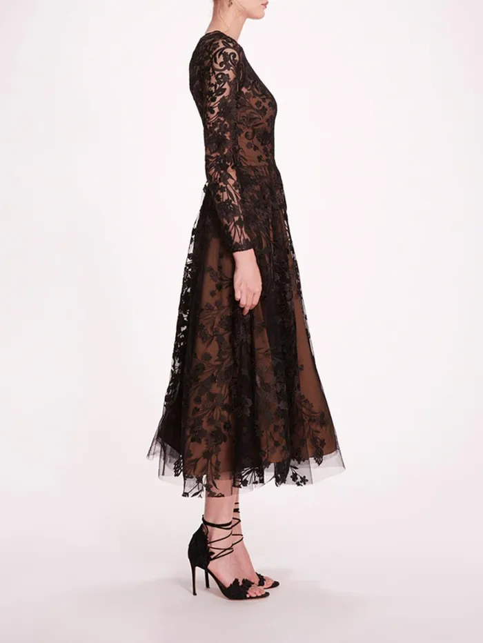 Women Marchesa Dresses Long Sleeve Tulle Midi Dress Black Women Marchesa Dresses Long Sleeve Tulle Midi Dress Black