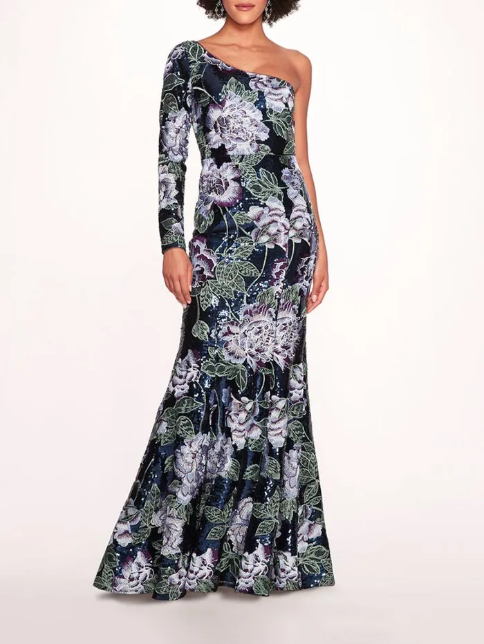 Women Marchesa Dresses One Shoulder Sequin Gown Navy