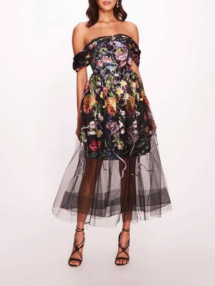 Women Marchesa Dresses Ribbons Midi Dress Black Multi